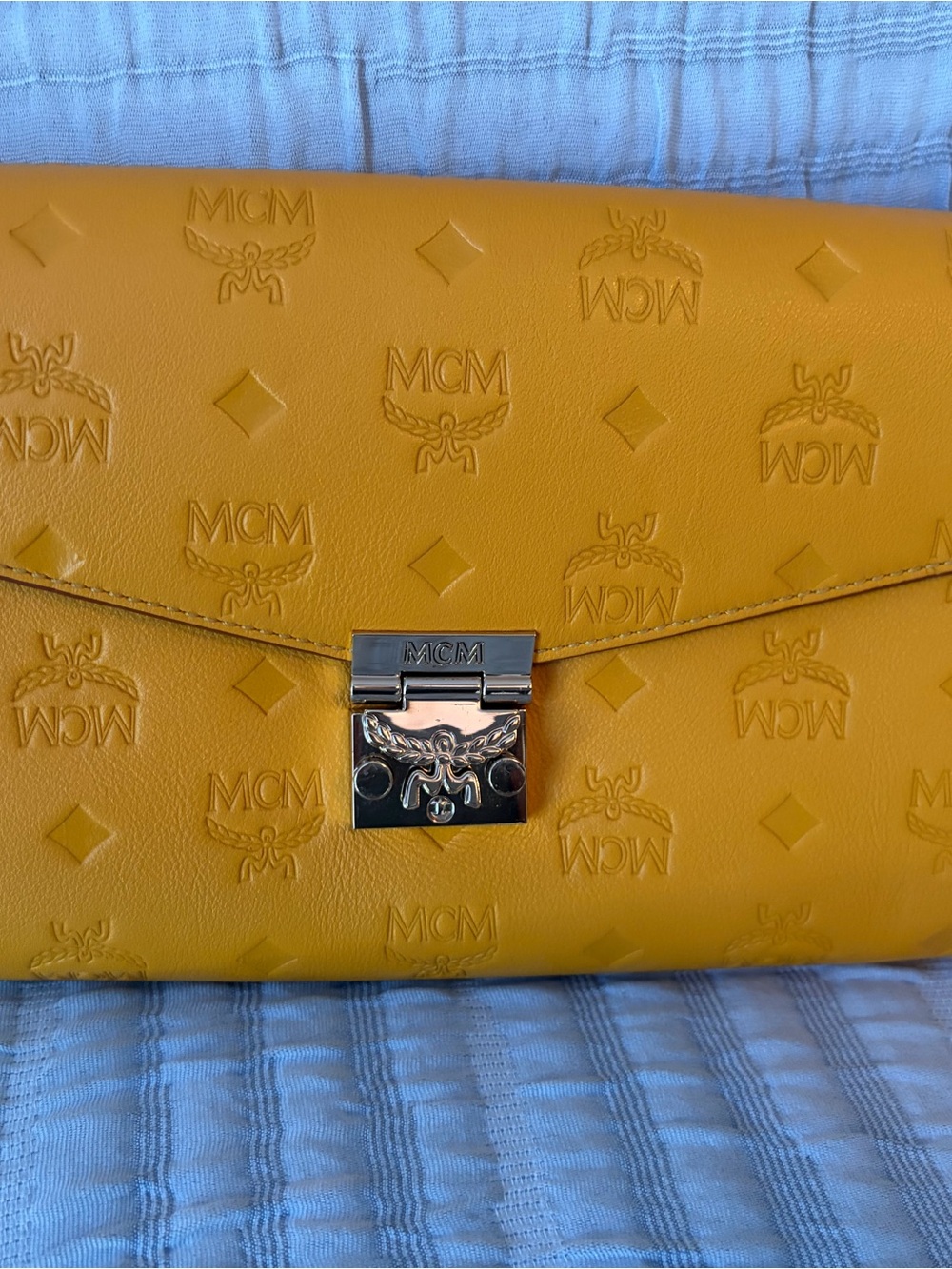 MCM Embossed Leather Envelope Clutch in Mustard - Picture 12 of 14